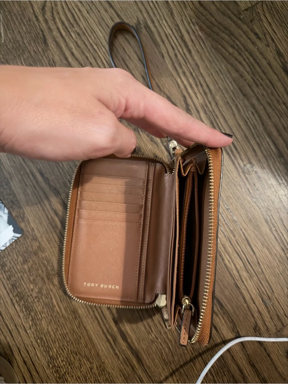Tory Burch Cognac Leather Zip Wristlet with Gold Logo